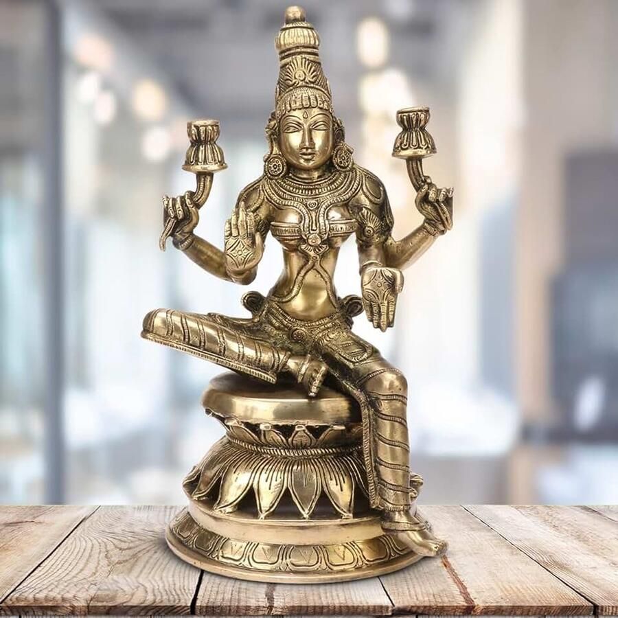 01 Messing Idol Murti van Laxmi op Lotus Sokkel Laxhmi Padmavati Staue Home Mandir Decor Antiek Goud Kleur Hoogte Inches