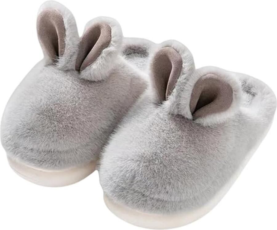 1 paar konijnenslippers Zool Geschikt voor voeten met Katoenen pantoffels met plateauzool Dames winterslippers met pluche konijntjes Grijs