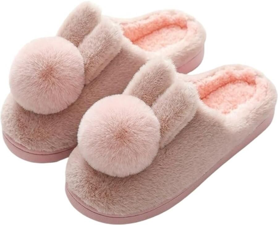 1 paar roze pluche konijnenslippers (open hiel) (geschikt voor voeten 37 38) Schattig en zacht Pluche slippers in dierenvorm Warme pantoffels voor thuis met dikke rubberen zool