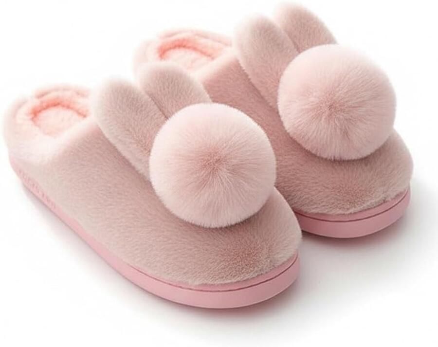 1 paar roze pluche konijnenslippers (open hiel) (geschikt voor voeten 39 40) Schattig en zacht Pluche slippers in dierenvorm Warme huisslippers met dikke rubberen zool