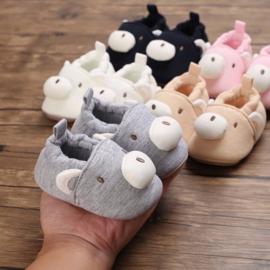 1 Paar Schattige Babyslofjes Grijs Beertje Anti-Slipzool 100% Katoen en