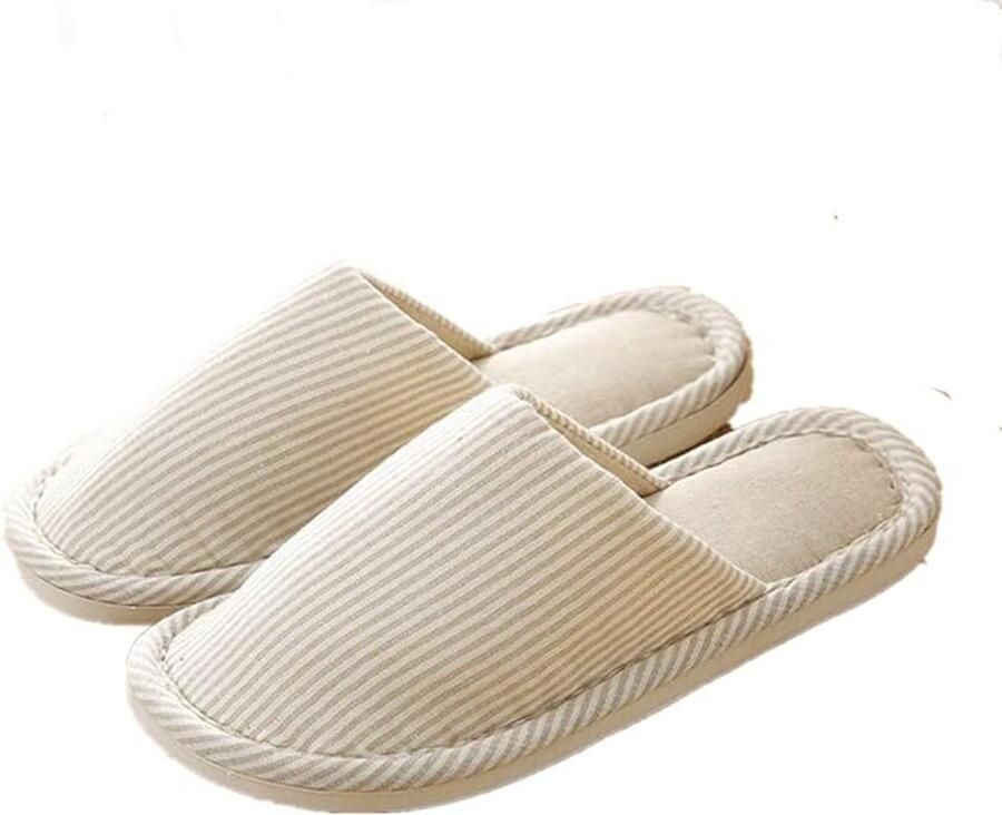 1 paar universele gestreepte katoenen pantoffels geschikt voor voeten 36-37 alle seizoenen loungepantoffels zacht en comfortabel gemakkelijk aan en uit te trekken dikke zool beige