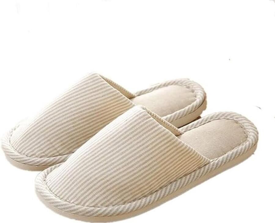 1 paar universele gestreepte katoenen pantoffels geschikt voor voeten 36-37 alle seizoenen loungepantoffels zacht en comfortabel gemakkelijk aan en uit te trekken dikke zool beige - Foto 1