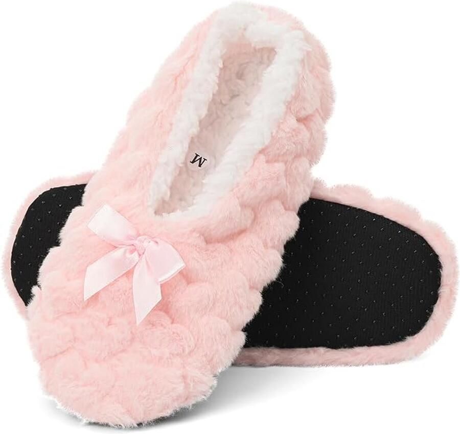 1 paar volwassen verdikte vloerkossen warme wolen binnenkossen slippers schattige ribbon decoratie pluisde huiskossen met zachte antislip ondergrond geschikt voor het koude seizoen lichtroze geschikt voor