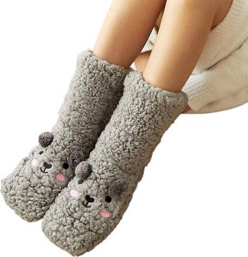 Merkloos Sans marque 1 Paar Warme Sloffen Beer Grijs|Huissokken | Anti-Slip - Foto 10