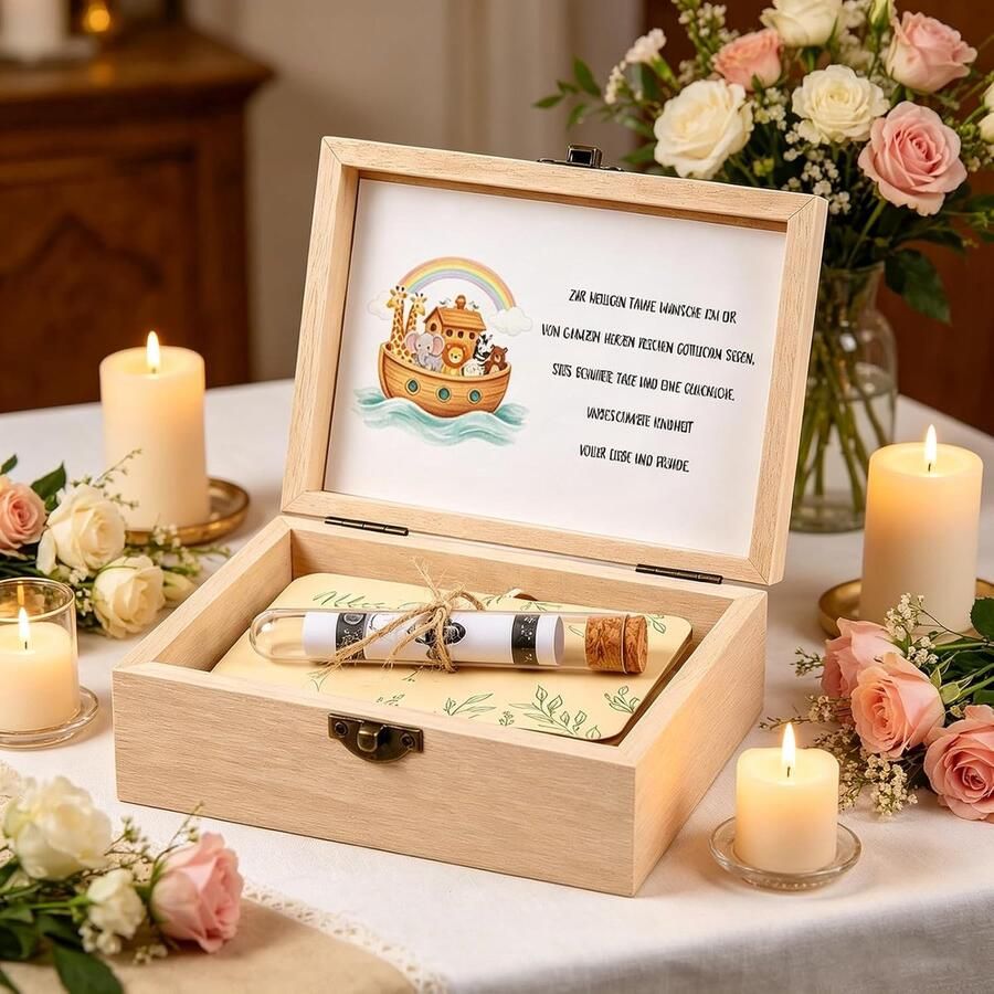 1 set voor vormsel geldgeschenk van houten doos met decoratie: eucalyptusbladeren duiven wenskaart reageerbuis en raffiagras geldgeschenkverpakking voor feest gasten vormsel decoratie