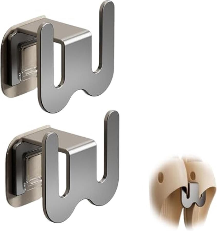 1 stuk Sloffenrek voor badkamer Pistoolgrijze kleur W‑vorm voor 3 paar sloffen Boorloze plakmontage Wandhanger voor schoenen met afdruipfunctie Geschikt voor plaatsing achter de badkamer‑ en toiletkastdeur thuis