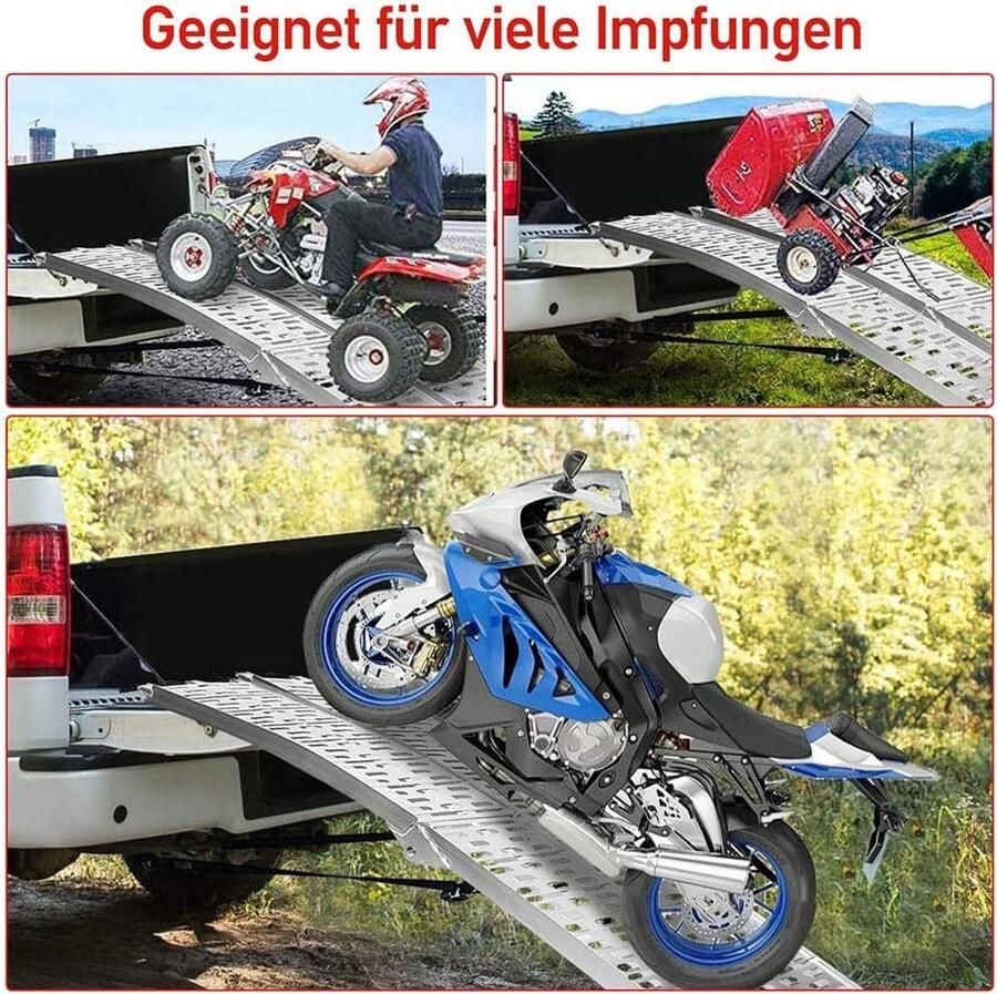 2 x opvouwbare oprijplaat laadlamp 680 kg draaglast aluminium laadhellingen inklapbaar met 2 spanbanden laadrails antislip motorfiets ATV quad auto laadlamp