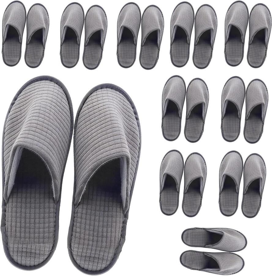 10 paar hotelpantoffels: gastenpantoffels dikke antislip jacquard-badstof gastenslippers comfortabele pantoffels zachte badstof slippers voor hotelgasten grijs