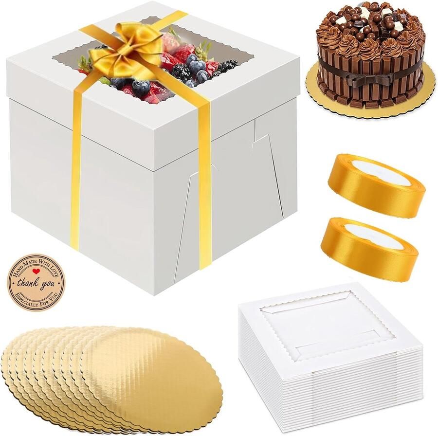10 stuks Taartbox 30x30x Taart transportbox met zichtvenster 10 sets taartdoos Taarttransportbox Ronde borden Pl band en 21 stickers taartkarton voor Cake Box