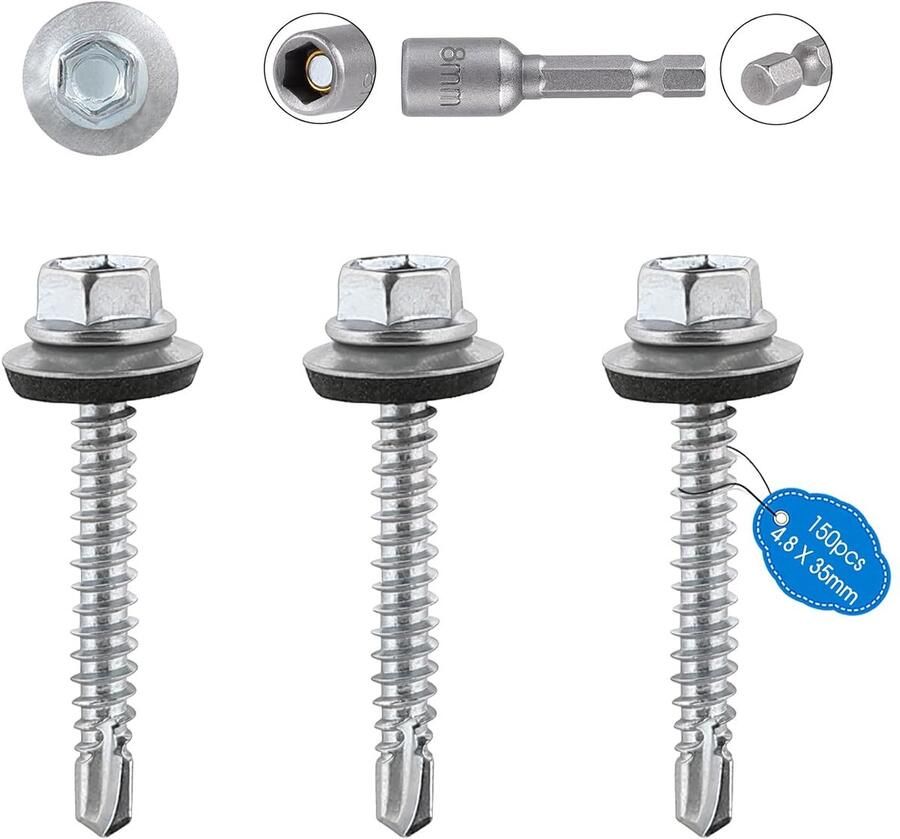 100 stuks zelfborende plaatschroeven M4 8 x 35 mm zeskantkop zelfborende gelakte zelfborende schroeven met EPDM-sluitringen en steeksleutel M8 dakschroeven (zilver)