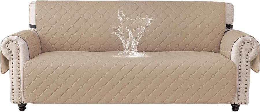 100% Waterdicht Bankhoes 3 Zits met Armsteun Dikke Bankhoezen Doorgestikt Universele Sofahoes Met Zijzakken Bankovertrek Antislip Krasbestendig Voor Kinderen Kaki