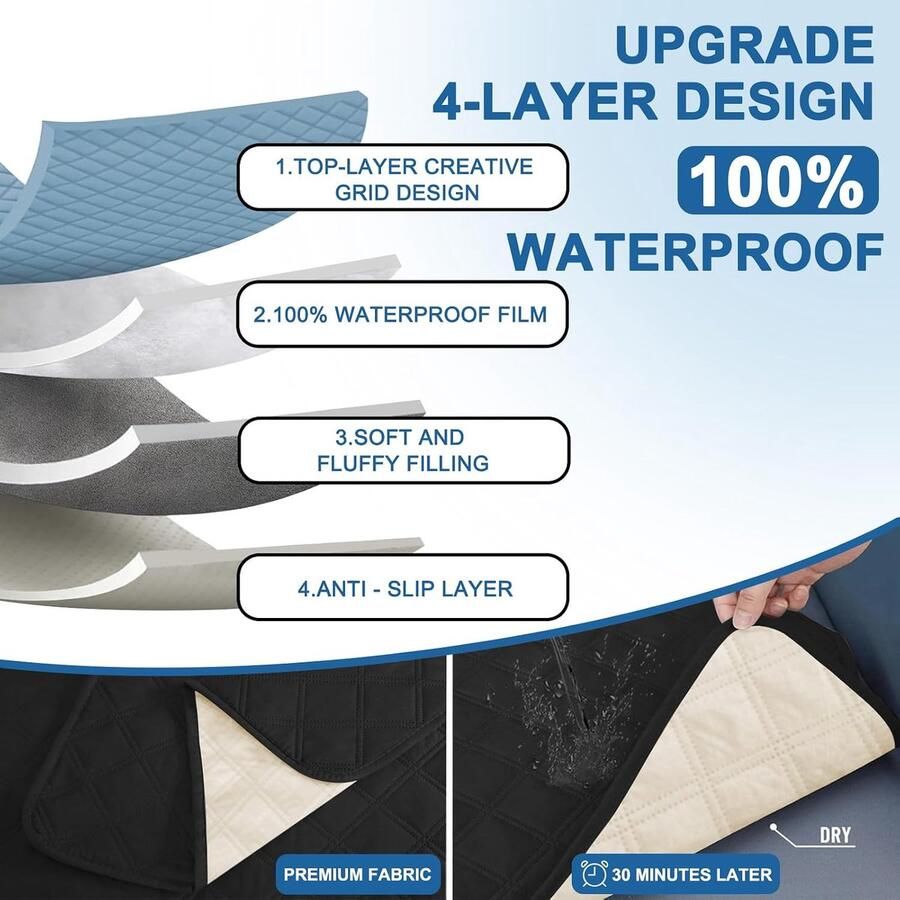 100% Waterdichte Bankhoes 3 Zits Dikke Bankhoezen Doorgestikt Universele Sofahoes Met Armsteun Bankovertrek Antislip Krasbestendig Met Zijzakken Voor Woonkamer Zwart