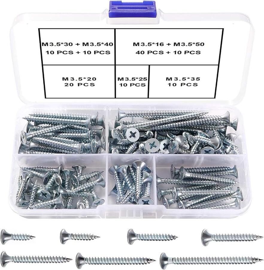 110 Stuks M3.5 Gipsplaatschroeven met Grove Schroefdraad Kit Kruiskopschroeven Zelftappende Houtschroeven voor Gipsplaat Zilver