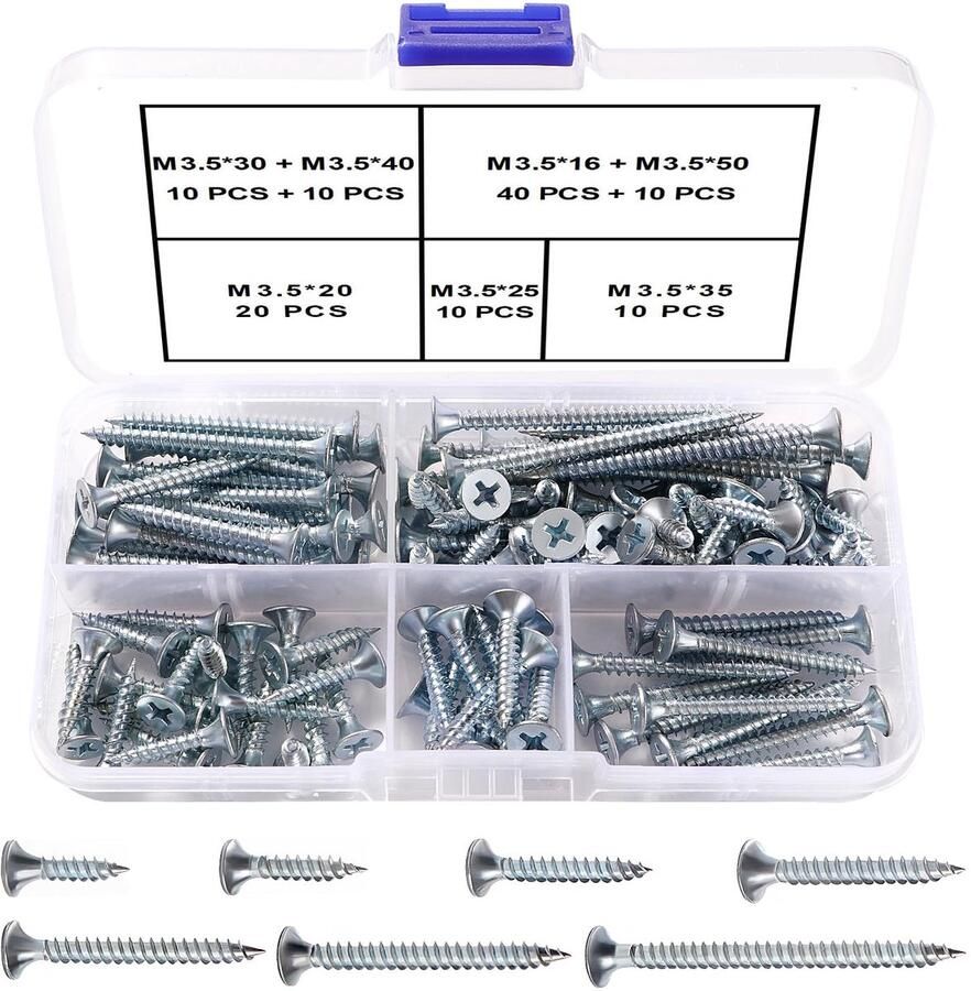 110 Stuks M3.5 Gipsplaatschroeven met Grove Schroefdraad Kit Kruiskopschroeven Zelftappende Houtschroeven voor Gipsplaat Zilver
