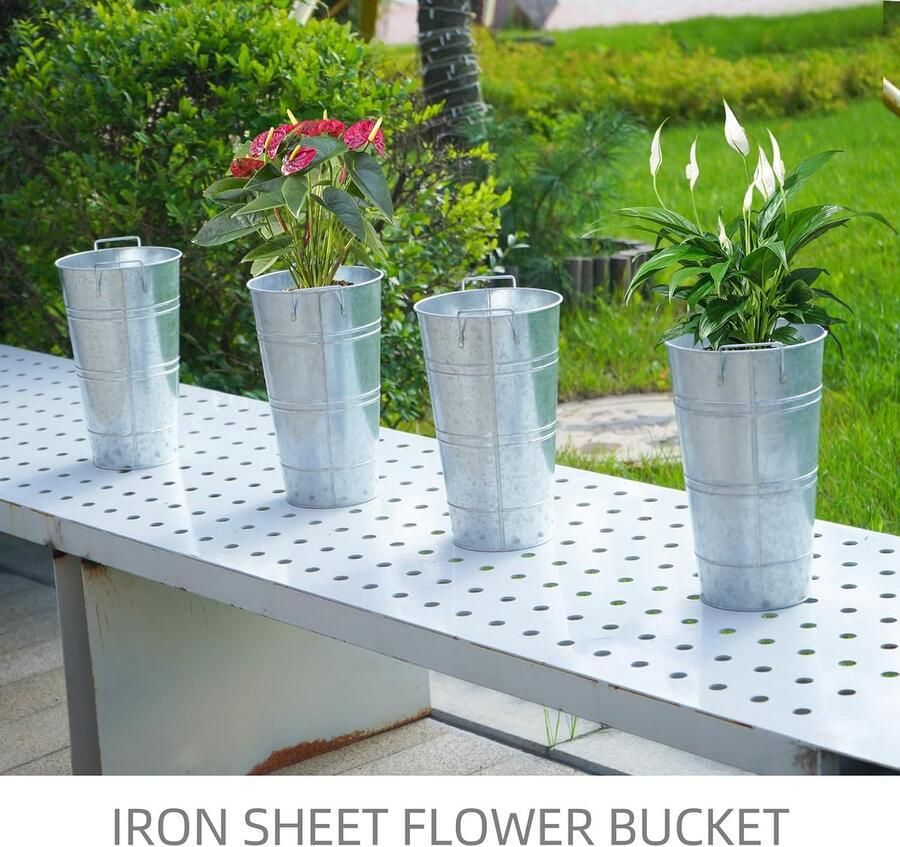 12 inch grote gegalvaniseerde metalen vazen boerderij Franse bloem emmer vazen voor snijbloemen voor woondecoratie en bruiloft tafel middenstuk decoraties (grote zilveren set van 4)