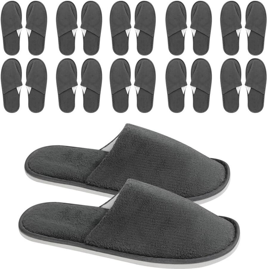 12 paar hotelpantoffels wegwerp koraal velours antislip gastenpantoffels met gesloten tenen voor spa sauna schoonheidssalon thuis badkamer uniseks grijs x
