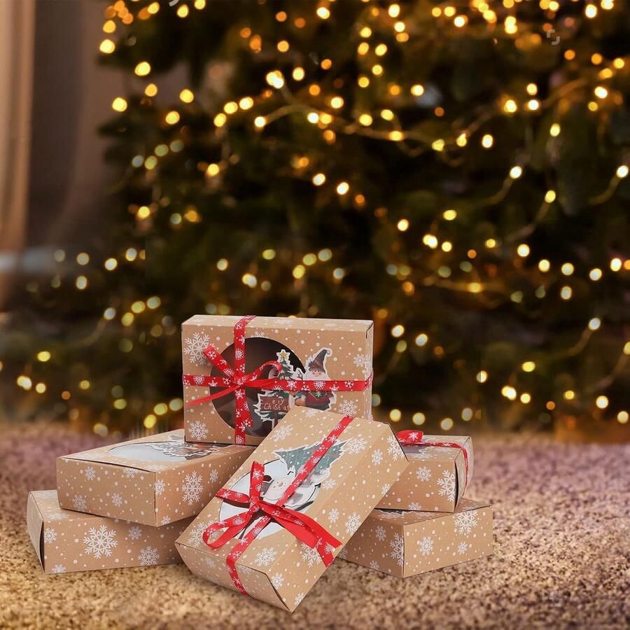 12 stuks kerstkoekjesdozen Cupcake dozen geschenkdozen met helder venster bruin kraftpapier kersttaartdozen