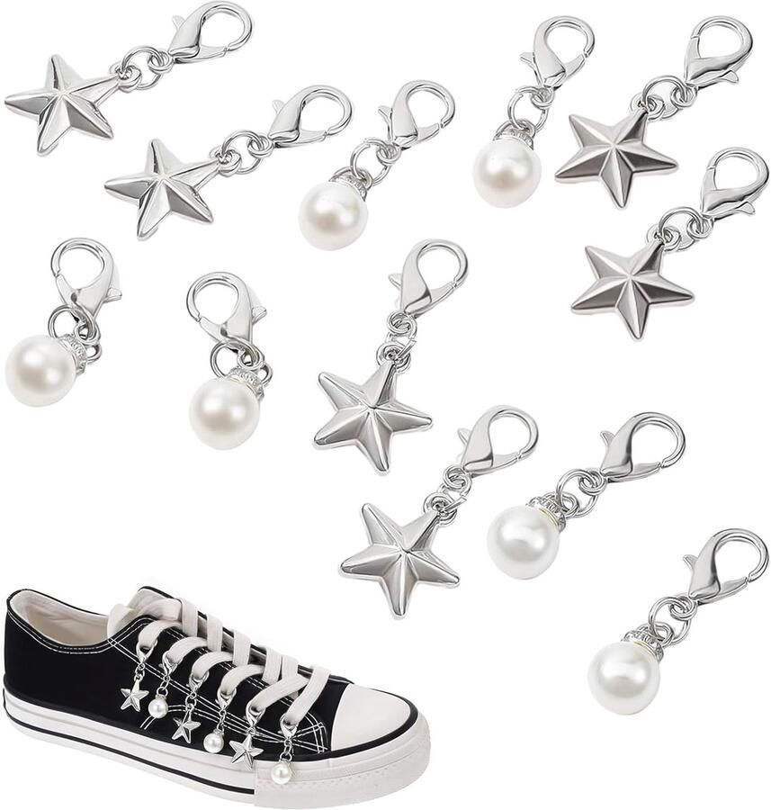 12 Stuks Schattige Vetersieraden voor Sneakers Vijfpuntige Ster + Parels Kawaii Vetersieraden voor Canvas Schoenen DIY Decoratie Accessoires voor Dames