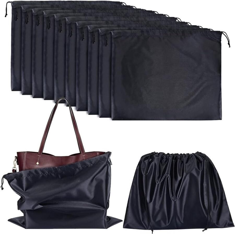 12 stuks stofzakken voor handtassen imitatie zijden opbergzakken draagbare trekkoord zakje doek reistassen voor handtassen portemonnees schoenen laarzen zwart x
