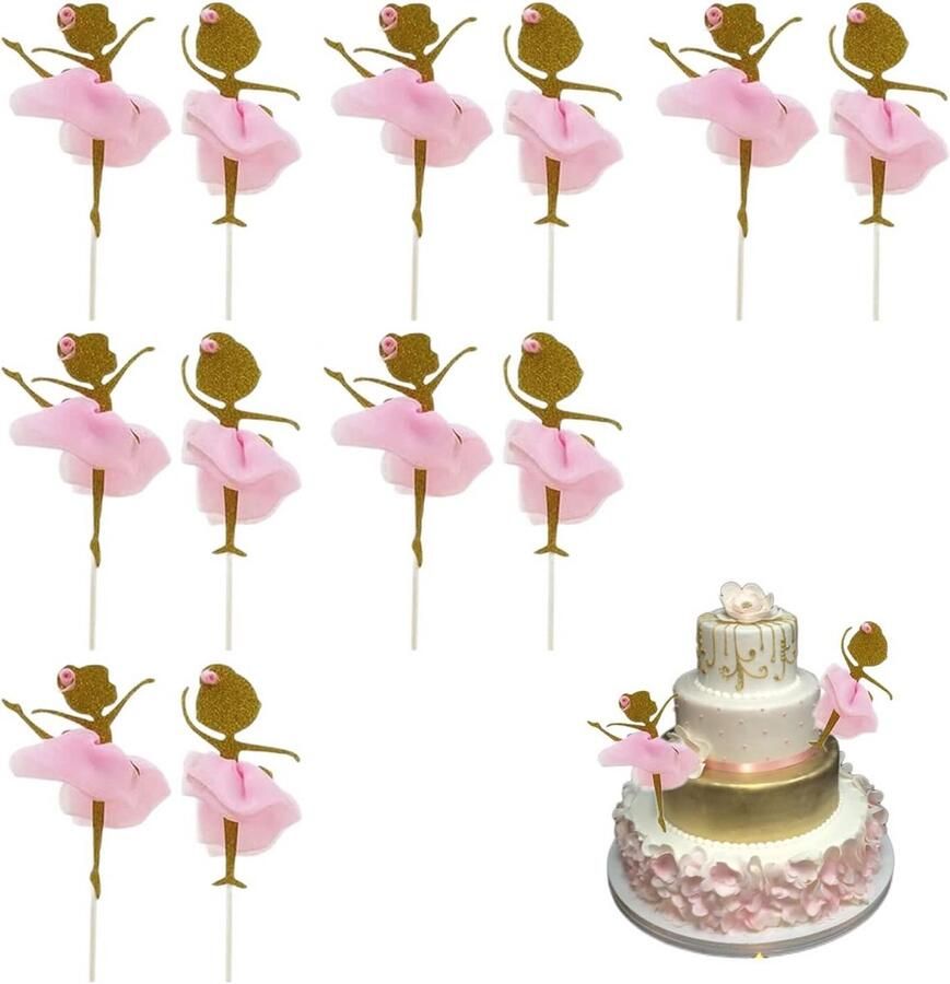 12pcs Glitter Ballerina Dancing Girls Cupcake Toppers Ballerina Dance Cake Topper Glitter Pink Ballet Cupcake Topper for Wedding Birthday Party