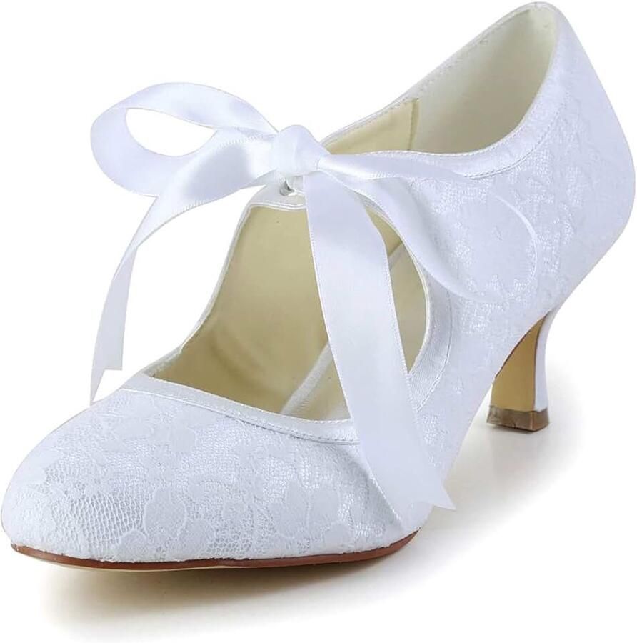 140311 Bruids Kanten Satijn Mid Hak Gesloten teen Prom Partij Dans Trouwschoenen Vrouwen Pompen - Foto 1