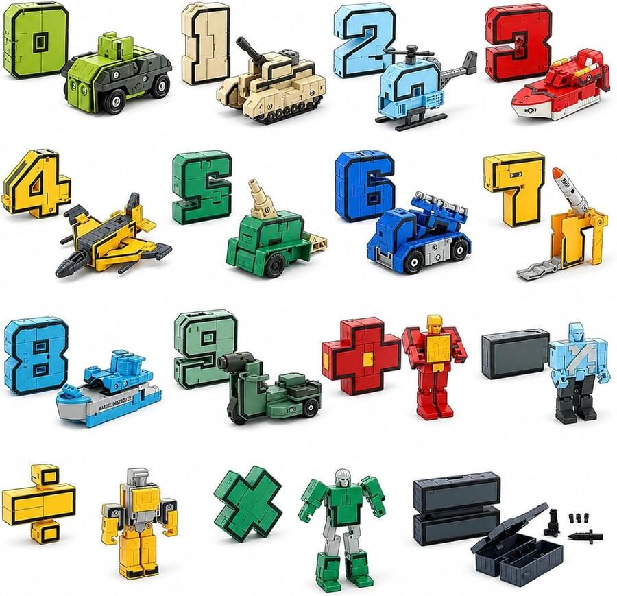 15 stuks getal transformer-robot-speelgoed kleuteronderwijsspeelgoed aantal 0-9 symbolen transformerende robots auto tank vliegtuig robot-bouwstenenset voor kinderen verjaardagscadeau 6+ jaar