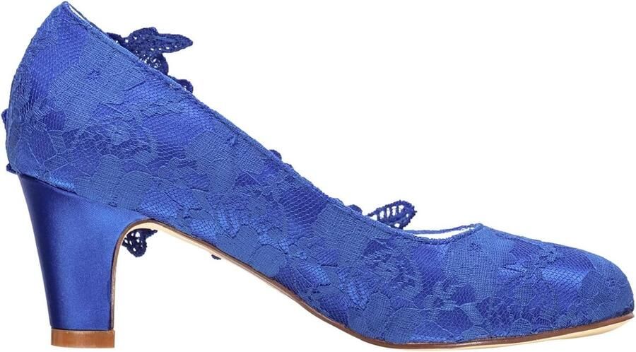 1505-1B Dames Trouwschoenen Gesloten Teen 2 60 Inch Dikke Hak Kanten Satijnen Pumps met Strass Kant Bloem Bruids Schoenen