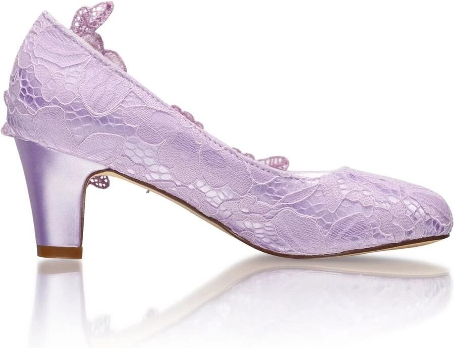 1505-1B Dames Trouwschoenen Gesloten Teen 2 60 Inch Dikke Hak Kanten Satijnen Pumps met Strass Kant Bloem Bruids Schoenen