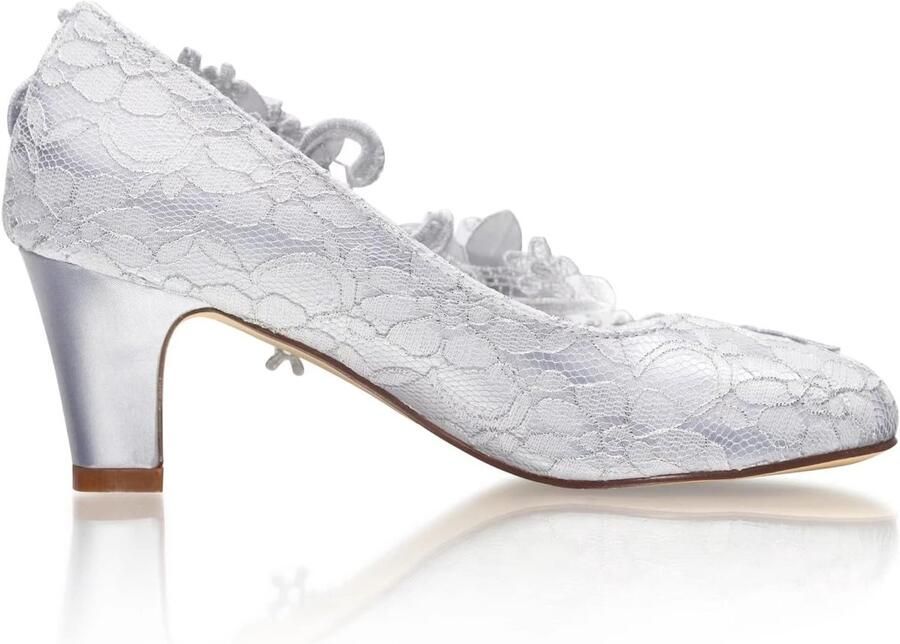 1505-1B Dames Trouwschoenen Gesloten Teen 2 60 Inch Dikke Hak Kanten Satijnen Pumps met Strass Kant Bloem Bruids Schoenen