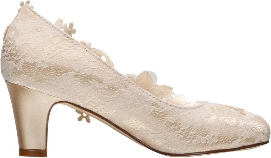 1505-1B Dames Trouwschoenen Gesloten Teen 2 60 Inch Dikke Hak Kanten Satijnen Pumps met Strass Kant Bloem Bruids Schoenen