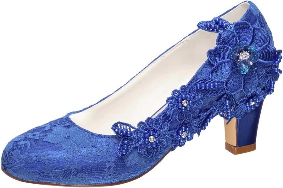 1505-1B Dames Trouwschoenen Gesloten Teen 2 60 Inch Dikke Hak Kanten Satijnen Pumps met Strass Kant Bloem Bruids Schoenen