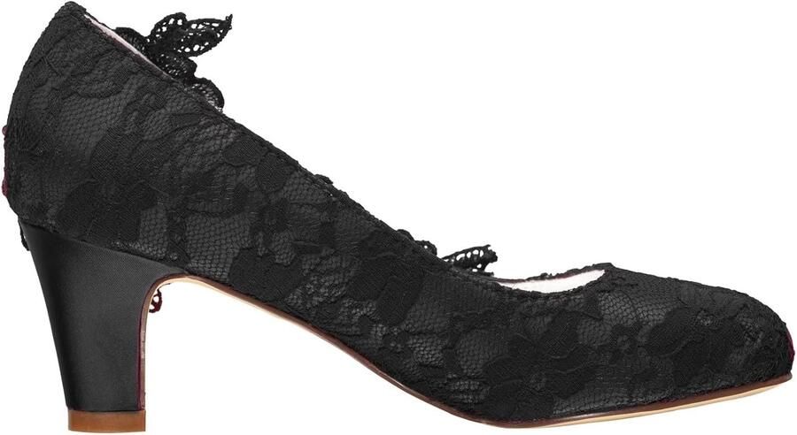 1505-1B Dames Trouwschoenen Gesloten Teen 2 60 Inch Dikke Hak Kanten Satijnen Pumps met Strass Kant Bloem Bruids Schoenen