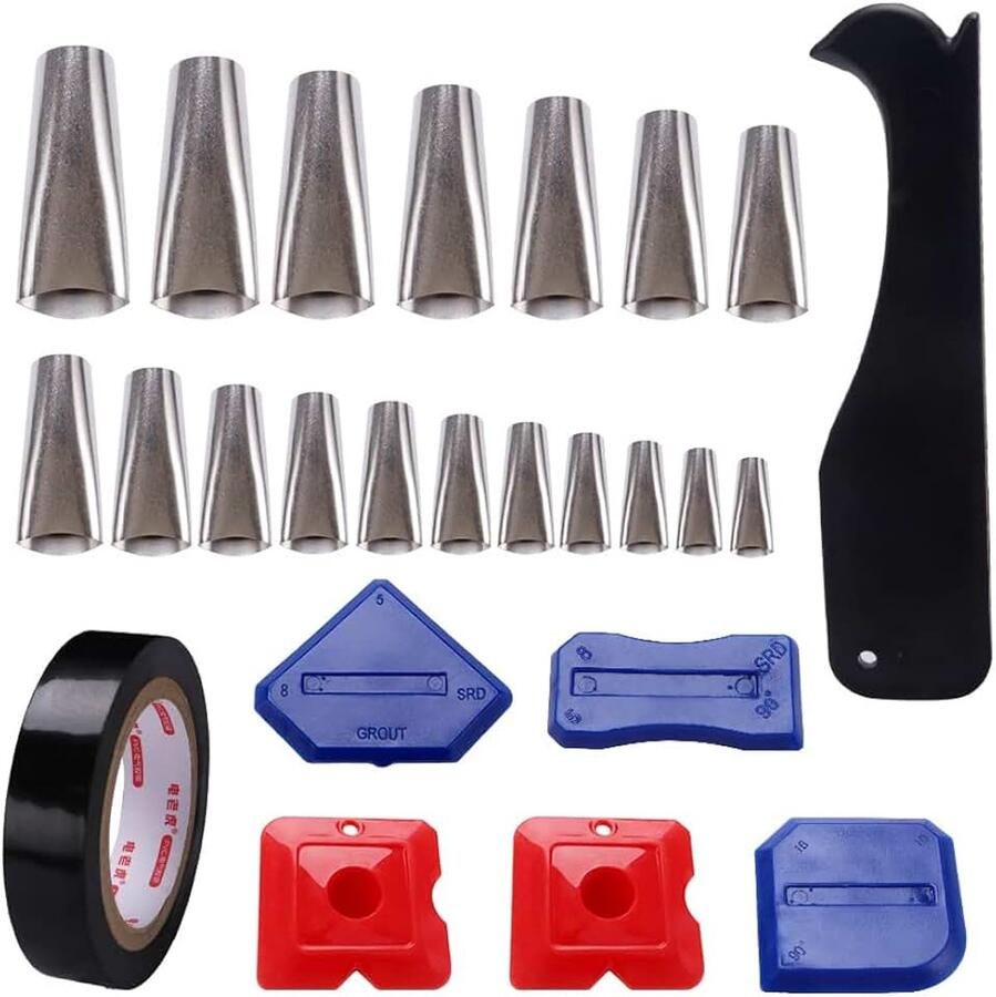 18 Stuks Afdichting Gereedschap Roestvrijstalen Kitspuit Mondstuk in 18 Maten voor Afdichten voor Keuken Badkamer Raam met Rood Blauw Zwart Schrapers Zwarte Tape