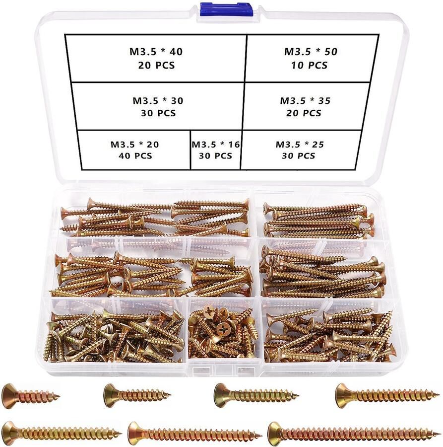 180 Stuks M3.5 Gipsplaatschroeven met Grove Schroefdraad Kit Kruiskopschroeven Zelftappende Houtschroeven voor Gipsplaat Geel