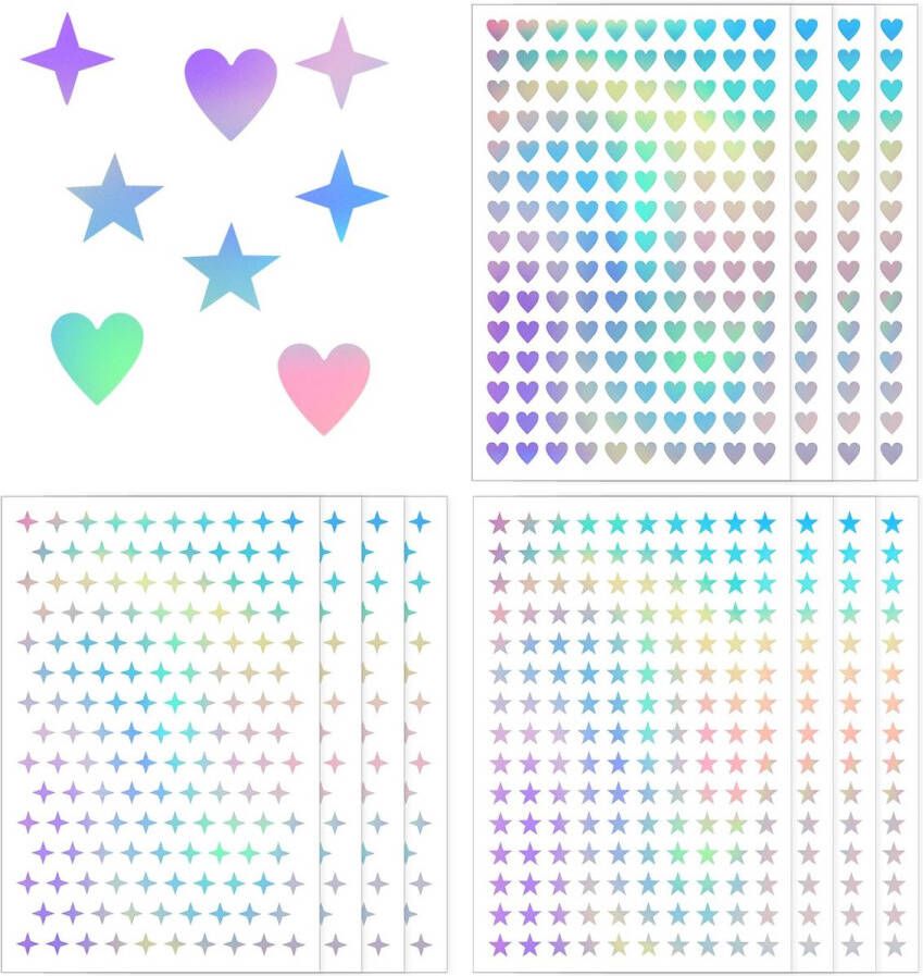 1800 Stuks Mini Holografische Stickers Glitterfolie Kleine Stickers Zelfklevende Beloningsstickers DIY Ster- en Hartstickers Gedragskaartstickers voor School Thuis