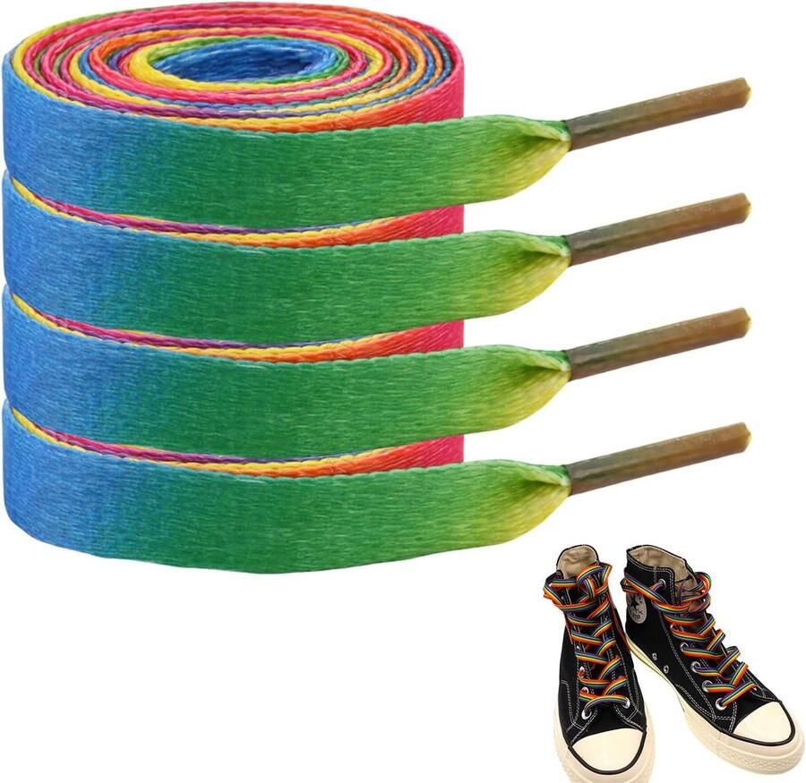 2 Paar Platte Kleurrijke Platte Schoenenveters Regenboog en Neon Opties Voor Sneakers en Sportschoenen