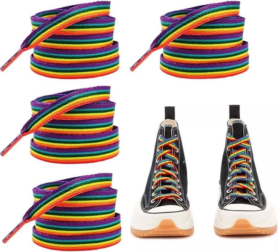 2 Paar Platte Kleurrijke Schoenveters Regenboog & Neon Stijl