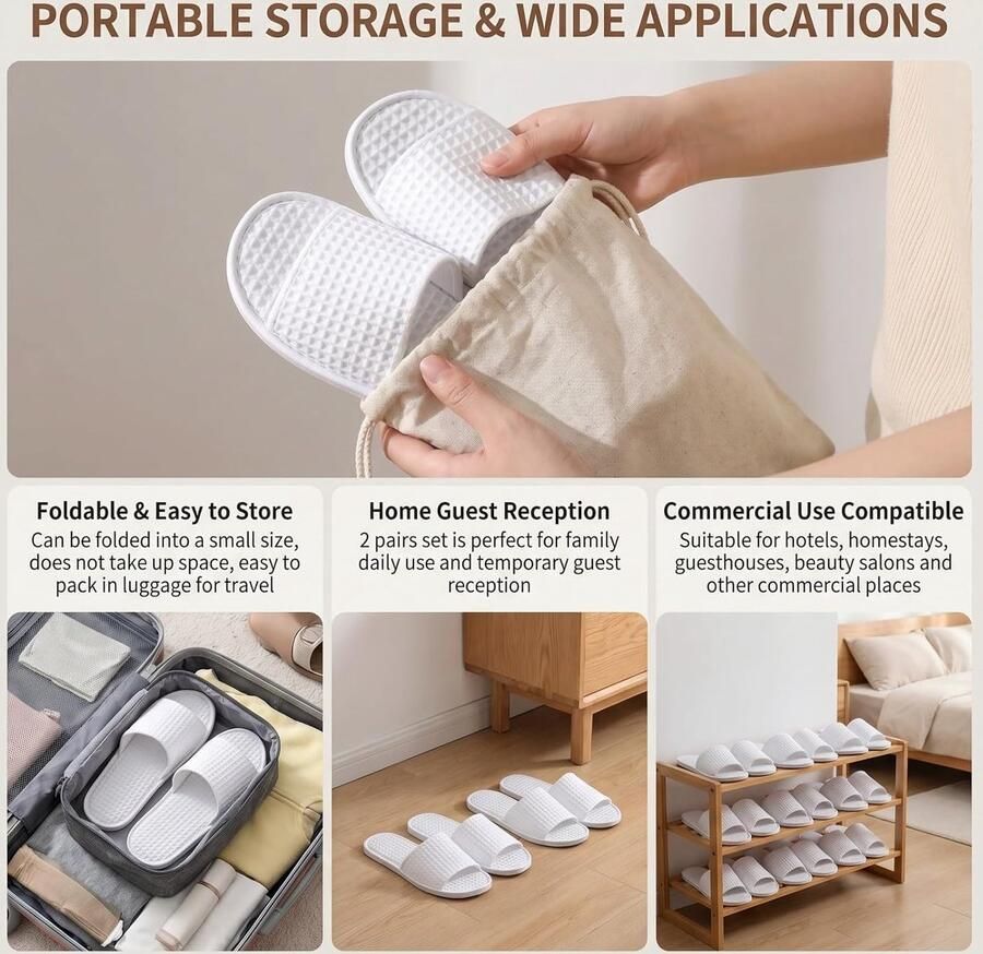 2 paar witte wafel spa-slippers met open teen wegwerpbare hotel-slippers voor en antislip reisslipper voor feest thuis hotelgebruik