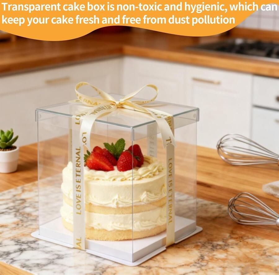 2 stuks doorzichtige geschenkdoos taartdoos met lint 22 x 22 x dubbel met deksel taartdoos in kubusvorm voor fruitcake desserts geschenken