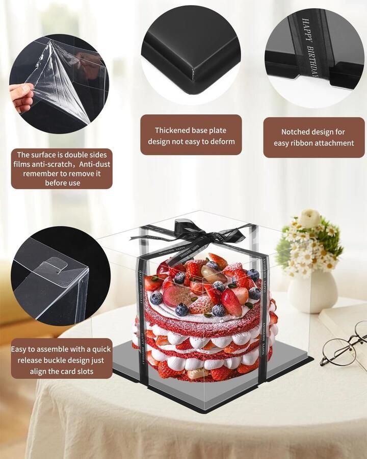 2 stuks doorzichtige taartdoosjes taartdoos 30 x 30 x taartdoos transparante taarttransportdoos geschenkdoos doorzichtig met sokkel en lint voor verjaardag dessert zwart