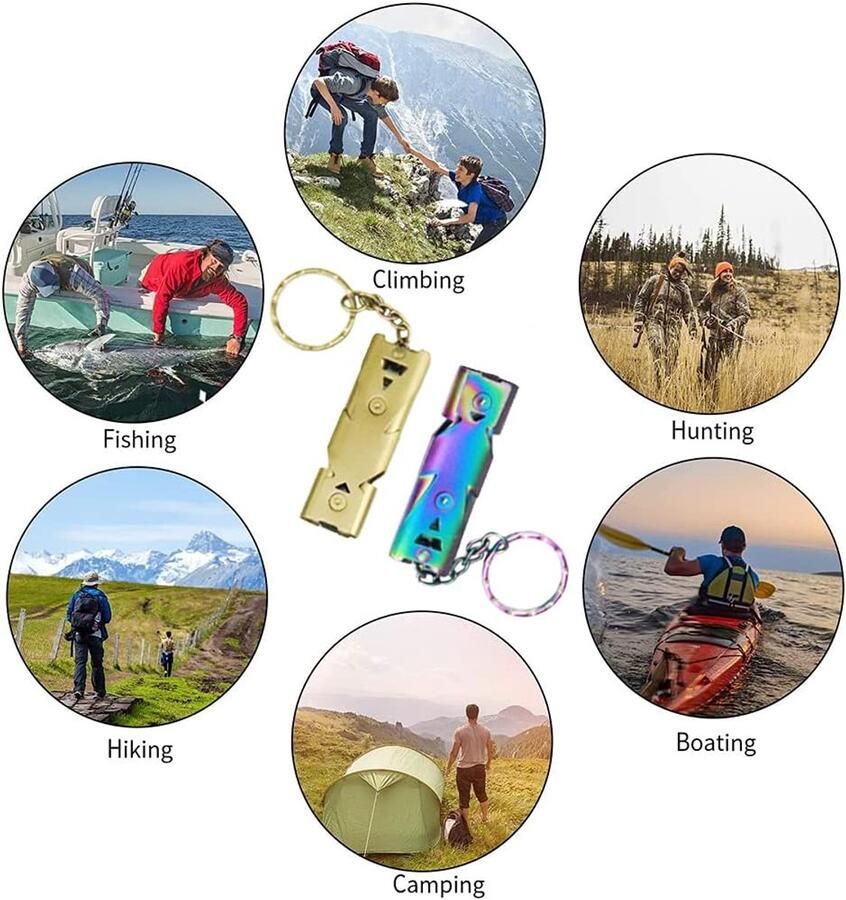 2 Stuks Fluitje met sleutelhanger Dubbele pijp Hoge decibe Draagbaar duurzaam roestvrij staal outdoor survival fluitje levensreddend kamperen wandelen redding noodfluit