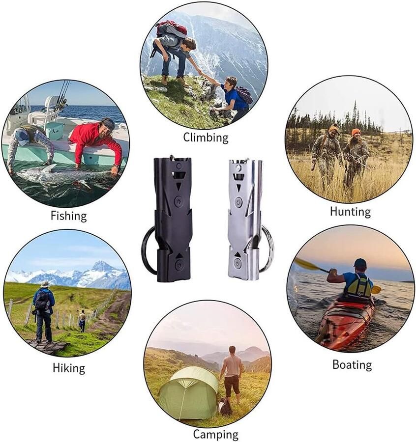 2 Stuks Fluitje met sleutelhanger Dubbele pijp Hoge decibe Draagbaar duurzaam roestvrij staal outdoor survival fluitje levensreddend kamperen wandelen redding noodfluit