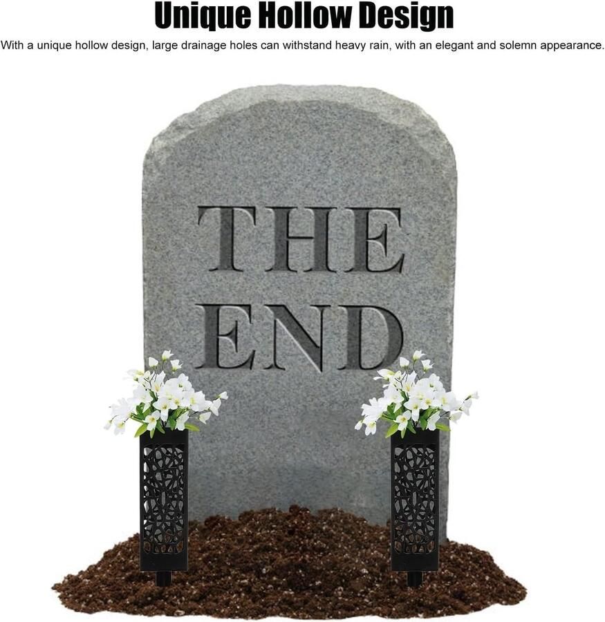 2 stuks grafvaas 17 inch hoge begraafplaatsvaas Memorial begraafplaats bloemenhouder zwarte plastic herdenkingsvaas met lange spike-staak en aftapgaten voor grafbloemmarkering