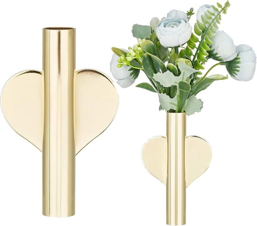 2 STUKS Hart Wandvaas Buizen Metaal Zelfklevend Wandgemonteerd Goudkleurige Wanddecoratie Gedroogde Bloemen Mini Hartvormige Plantenhouder voor Slaapkamer Woonkamer Feest Kerst Halloween