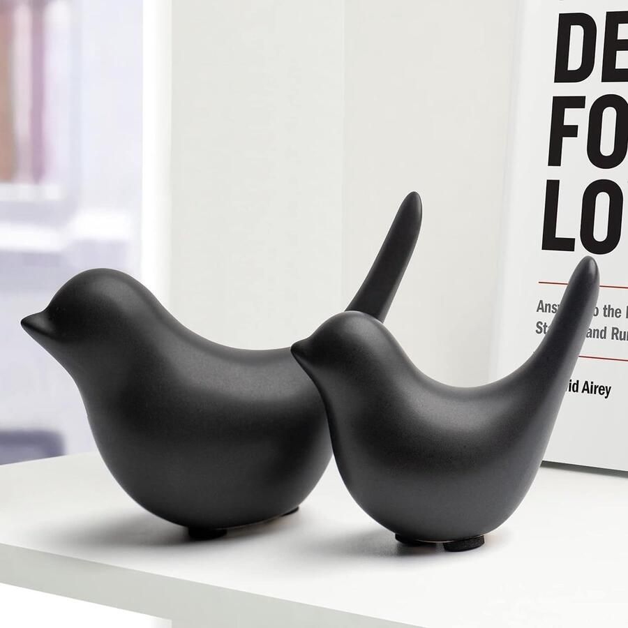 2 stuks kleine vogelbeelden keramische vogel moderne diervogel sculpturen voor landschap tuin thuis kantoor desktop display decoratie (zwart)