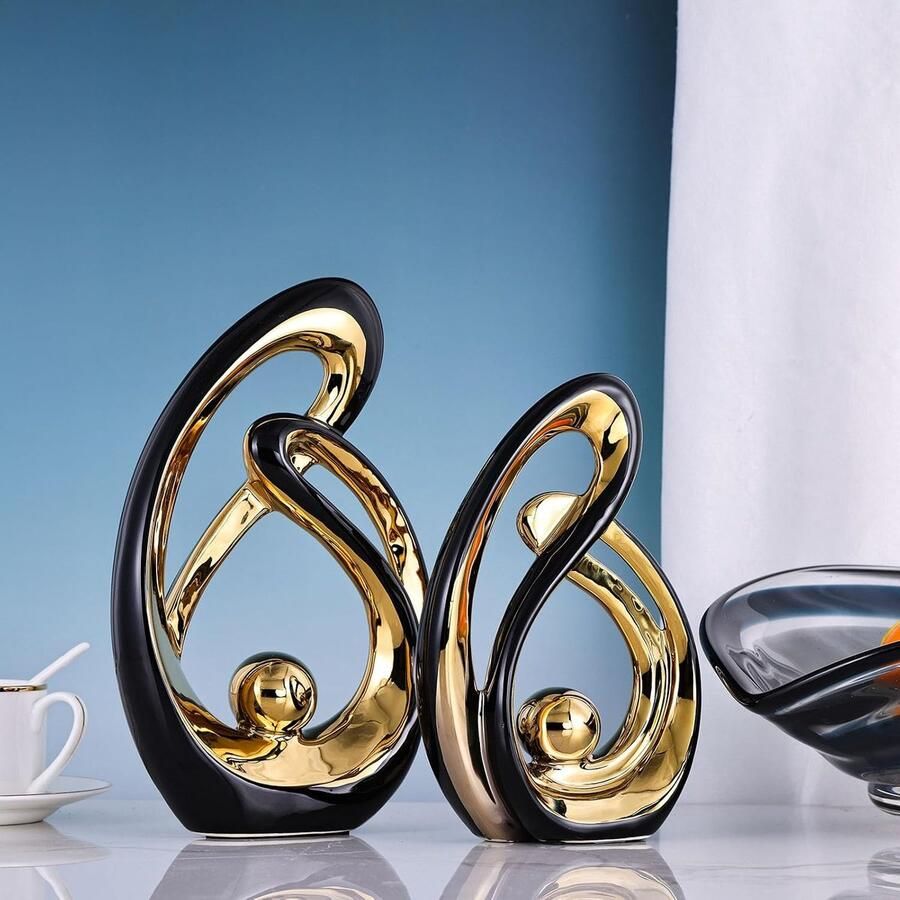 2 stuks moderne abstracte kunst keramische decor standbeeld en sculpturen oceaan golf standbeeld voor tafel decoraties eetkamer woonkamer kantoor middelpunt zwart en goud decor salontafel