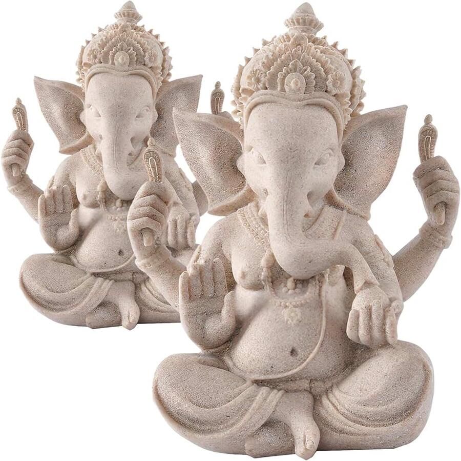 2 Stuks Olifant Standbeeld Hars Zandsteen Ganesha Boeddha Beeldhouwkunst Hindoe Sculptuur Fengshui Beeldje Craft Home Kantoor Tuin Thuis Auto Decor