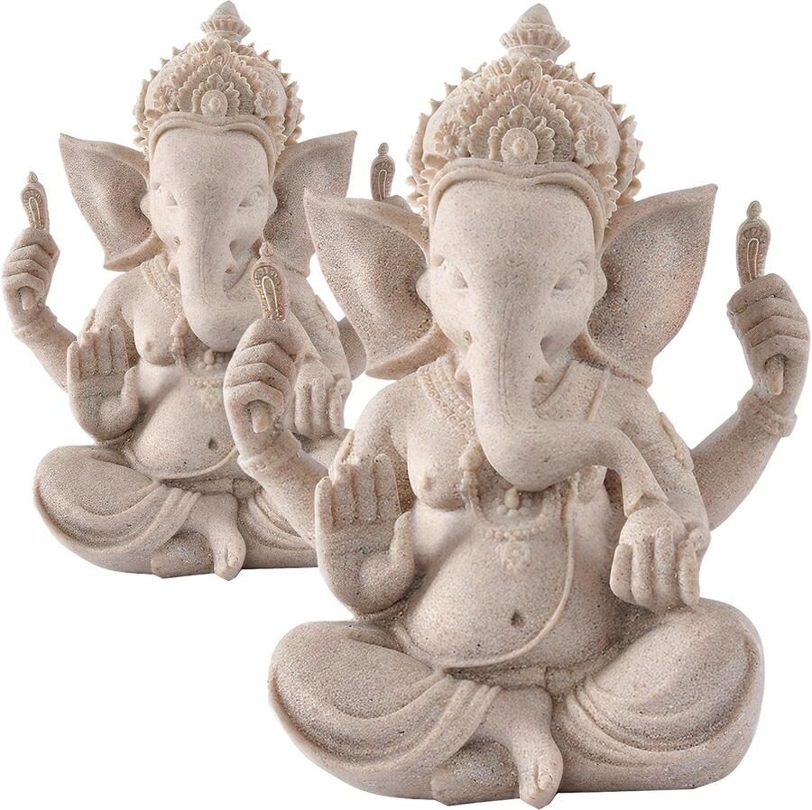 2 Stuks Olifant Standbeeld Hars Zandsteen Ganesha Boeddha Beeldhouwkunst Hindoe Sculptuur Fengshui Beeldje Craft Home Kantoor Tuin Thuis Auto Decor