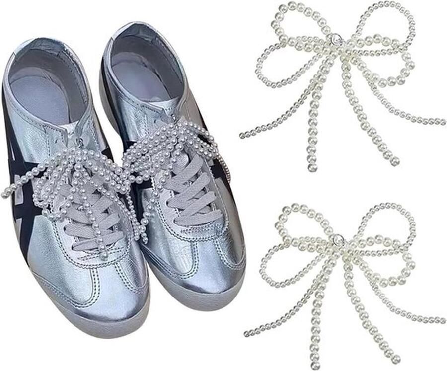 2 Stuks Parels Strik Schoen Charms Witte Decoratieve Strik voor Sneakers DIY Accessoires voor Schoenen Tassen en Sleutelhangers Witte L